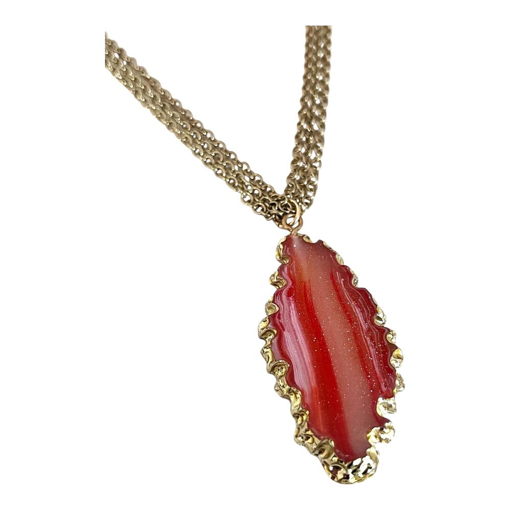New Gold Tone Pendant Necklace Gilded Simulated Stone Coral - 12O